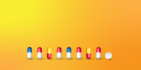 Pills. Medicine tablets isolated on background, different round and oblong drugs collection vector illustration.
