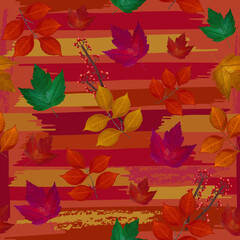 Vector Seamless Watercolor Hand Drawn Autumn, Fall Pattern with Colorful Leaves for Fabrics, Wallpaper, Surface Design. Fall Background for prints and banners. 