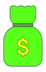 Vector illustration of a green money bag with a yellow dollar symbol. Let's use it as an icon, a sign. The element is isolated on a white background.