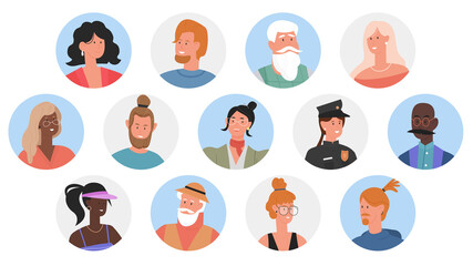 People profile user avatars of different professions vector illustration set. Cartoon man woman professional worker portraits collection, male and female faces circle avatars isolated on white