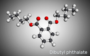 Dibutyl phthalate, DBP molecule. It is phthalate ester, diester. It is environmental contaminant, teratogenic agent, plasticiser. Molecular model. 3D rendering