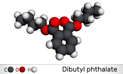 Dibutyl phthalate, DBP molecule. It is phthalate ester, diester. It is environmental contaminant, teratogenic agent, plasticiser. Molecular model. 3D rendering