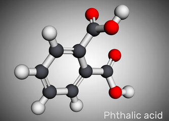 Obraz premium Phthalic acid, benzenedicarboxylic acid molecule. It is aromatic dicarboxylic acid. Molecular model. 3D rendering