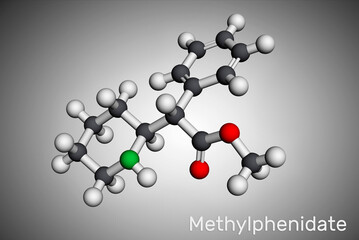 Methylphenidate, MP, MPH molecule. It is central nervous system stimulant. Used in treatment of Attention-Deficit Hyperactivity Disorder, ADHD. Molecular model. 3D rendering