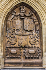Architectural fragments of Bath Abbey (or Abbey Church of Saint Peter and Saint Paul, founded in VII century) in Bath. Bath is a city in ceremonial county of Somerset in South West England.