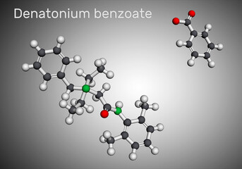 Denatonium benzoate molecule. It has the most bitter taste of any compound known to science. Molecular model. 3D rendering