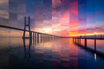 Spectacular view of bridges above rippled Tagus River under colorful sky at sunset in Lisbon Portugal