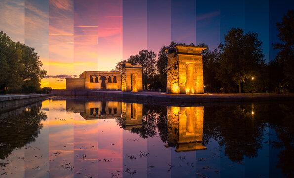 Old Egyptian shrine reflecting in pure water under bright sky at sundown in Madrid Spain