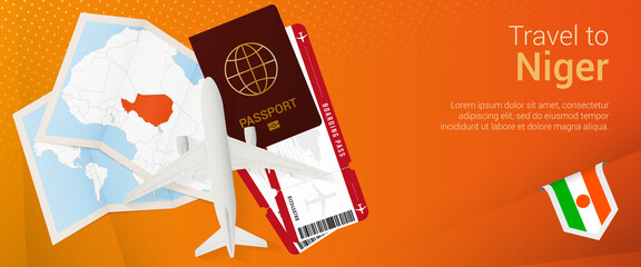 Travel to Niger pop-under banner. Trip banner with passport, tickets, airplane, boarding pass, map and flag of Niger.