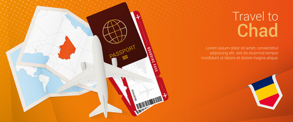 Travel to Chad pop-under banner. Trip banner with passport, tickets, airplane, boarding pass, map and flag of Chad.
