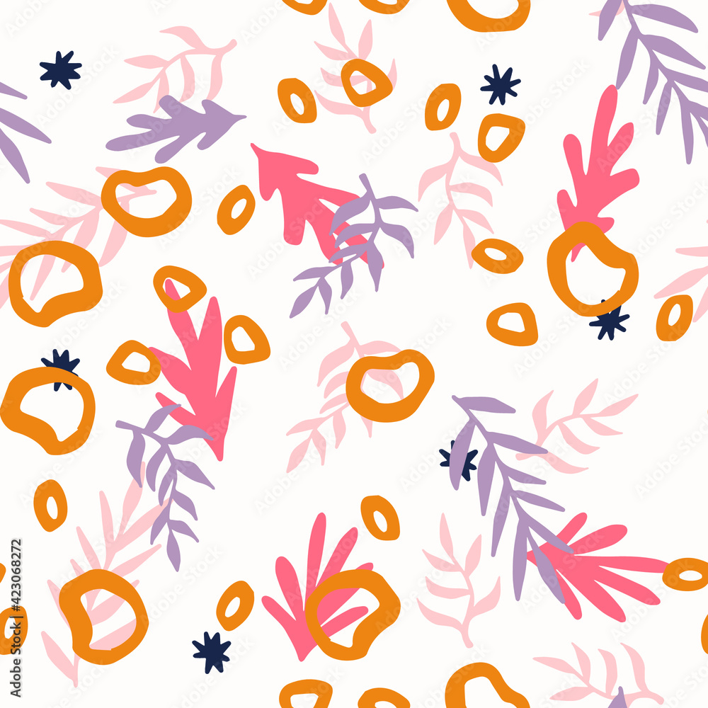 Poster Beautiful Mid- Century Boho style Pattern with Palm Branches. Repeating Vector Design in warm color palette.