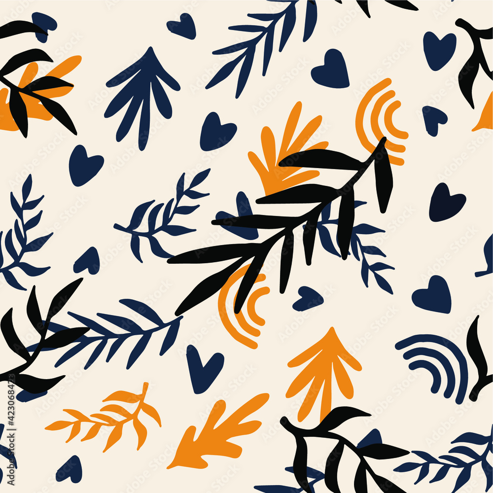 Aufkleber Beautiful Mid- Century Boho style Pattern with Palm Branches. Repeating Vector Design in warm color palette.