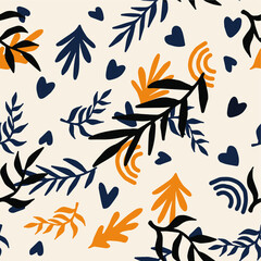 Beautiful Mid- Century Boho style Pattern with Palm Branches. Repeating Vector Design in warm color palette.