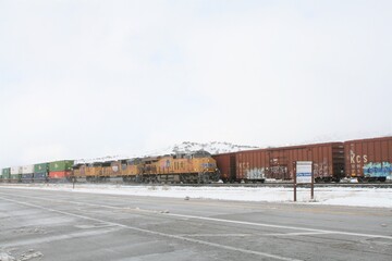 Fototapeta na wymiar Trains meeting in the snow