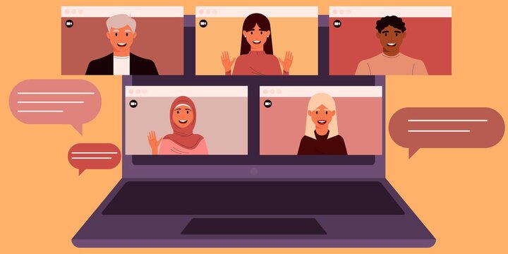 Men and women of different ethnic groups on the laptop screen. Video conference, remote work, live broadcast. Vector illustration in flat style