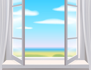 Open window in interior, view on landscape, spring. Vector illustration template realistic