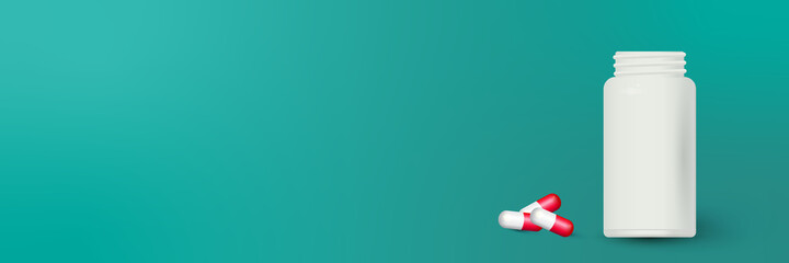 Bottle and scattered pills on color background.
