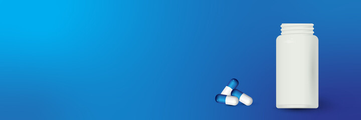 Bottle and scattered pills on color background.