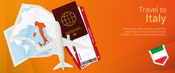 Travel to Italy pop-under banner. Trip banner with passport, tickets, airplane, boarding pass, map and flag of Italy.