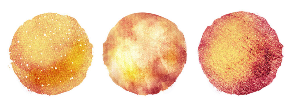 Watercolor golden circles dots on white background in yellow and orange gradient. Set