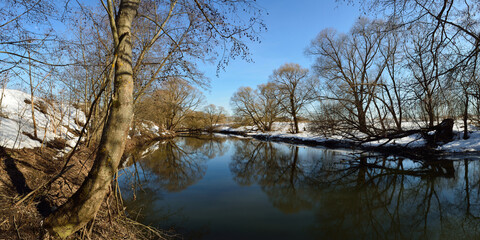 Fototapeta na wymiar Spring fishing on the Desna river. Beautiful panorama.