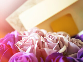 bouquet of blue roses with postcard