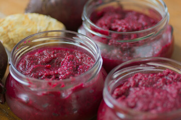 Bowls of homemade Red Chrain, a spicy paste made of grated Horseradish (Armoracia rusticana, syn. Cochlearia armoracia) and Beetroot, a traditional food of the Jewish Passover holiday