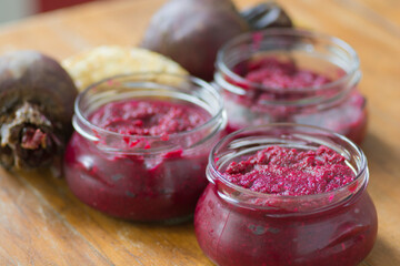 Bowls of homemade Red Chrain, a spicy paste made of grated Horseradish (Armoracia rusticana, syn. Cochlearia armoracia) and Beetroot, a traditional food of the Jewish Passover holiday