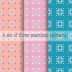 A set of three simple seamless abstract patterns. Vibrant colored geometric prints in pink, apricot and turquoise.