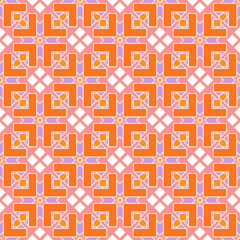 Fototapeta na wymiar Bright seamless geometric pattern, intricate layered rhombus and chevron print in orange, pink and lilac tones.