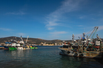 (Eskifoca - Izmir 08. March. 2021) Small boats in the sea at Eskifoca bay.
