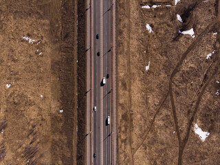 Flying along the road. Aerial photo