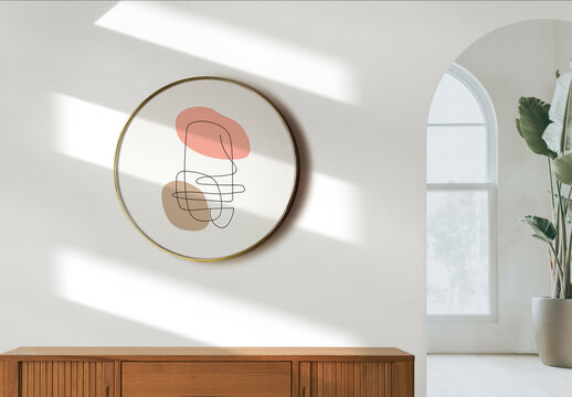 Circle Frame Mockup Hanging on the White Wall