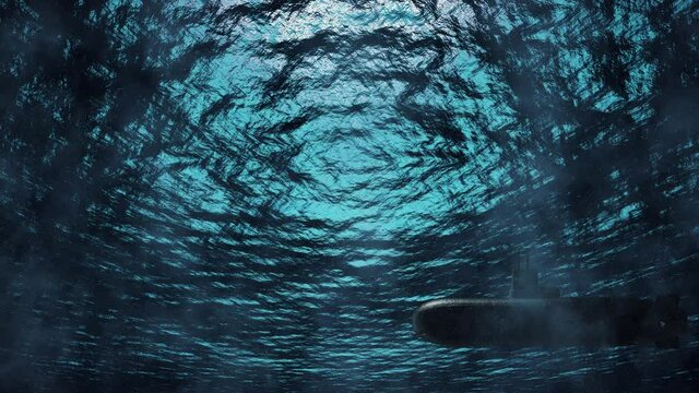 A wartime submarine slowly passing by underwater.