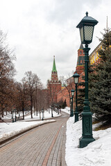 Obraz premium Path with street lights, paved with paving slabs in the Alexander Garden
