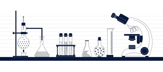 Science laboratory concept set with biochemical and medical research and experiment equipment. Isolated flat vector illustration in modern minimalistic style, line art.