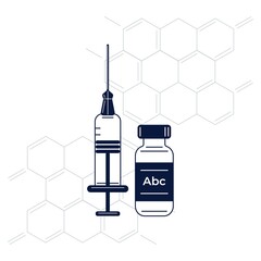 Medical syringe with needle and medicine bottle on the abstract background. Vaccination concept. Flat vector illustration.