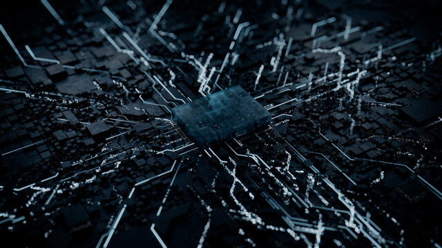 Advanced Technology Concept with Microchip. White Neon Data flows from the CPU across a Futuristic Motherboard. 3D render.