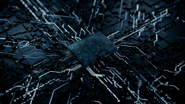Advanced Technology Concept with Microchip. White Neon Data flows from the CPU across a Futuristic Motherboard. 3D render.