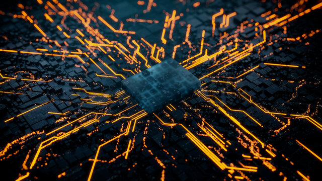Advanced Technology Concept with Microchip. Orange Neon Data flows from the CPU across a Futuristic Motherboard. 3D render.