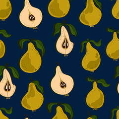 Pears with leaves, whole and chopped. Pear  seamless pattern. Background for wallpaper, fabric, paper, scrapbooking, menu and packaging