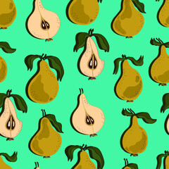 Pears with leaves, whole and chopped. Pear  seamless pattern. Background for wallpaper, fabric, paper, scrapbooking, menu and packaging