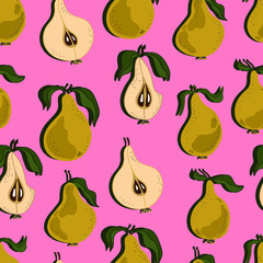 Pears with leaves, whole and chopped. Pear  seamless pattern. Background for wallpaper, fabric, paper, scrapbooking, menu and packaging