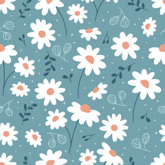 Floral seamless pattern with chamomile. Hand drawn doodle plants. Cute abstract daisy flowers. Ideal for fashion fabric, textile and print wallpaper.
