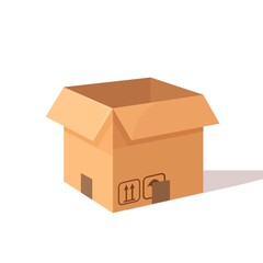 Isometric opened carton, cardboard box. Transportation package in store, distibution concept. Vector illustration