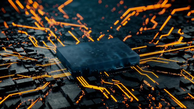 Advanced Technology Concept with Microchip. Orange Neon Data flows from the CPU across a Futuristic Motherboard. 3D render.
