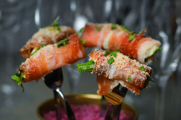 Catering service. Table with snacks food at event.