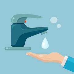 Washing hands with soap foam, scrub, gel bubbles. Water tap, faucet leak. Personal hygiene, daily routine concept. Clean body. Vector illustration