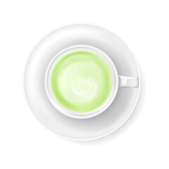 Top view at cup of green tea matcha latte with milk foam isolated on white background. Realistic vector illustration of traditional Japanese drink. Natural asian tea beverage in ceramic mug