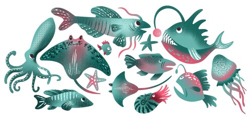 Naklejka premium Set of marine life on a white isolated background. Trending colors. Octopus, stingray, hammerhead shark, mollusc, jellyfish, starfish, etc. Can be use for poster, textile, postcard